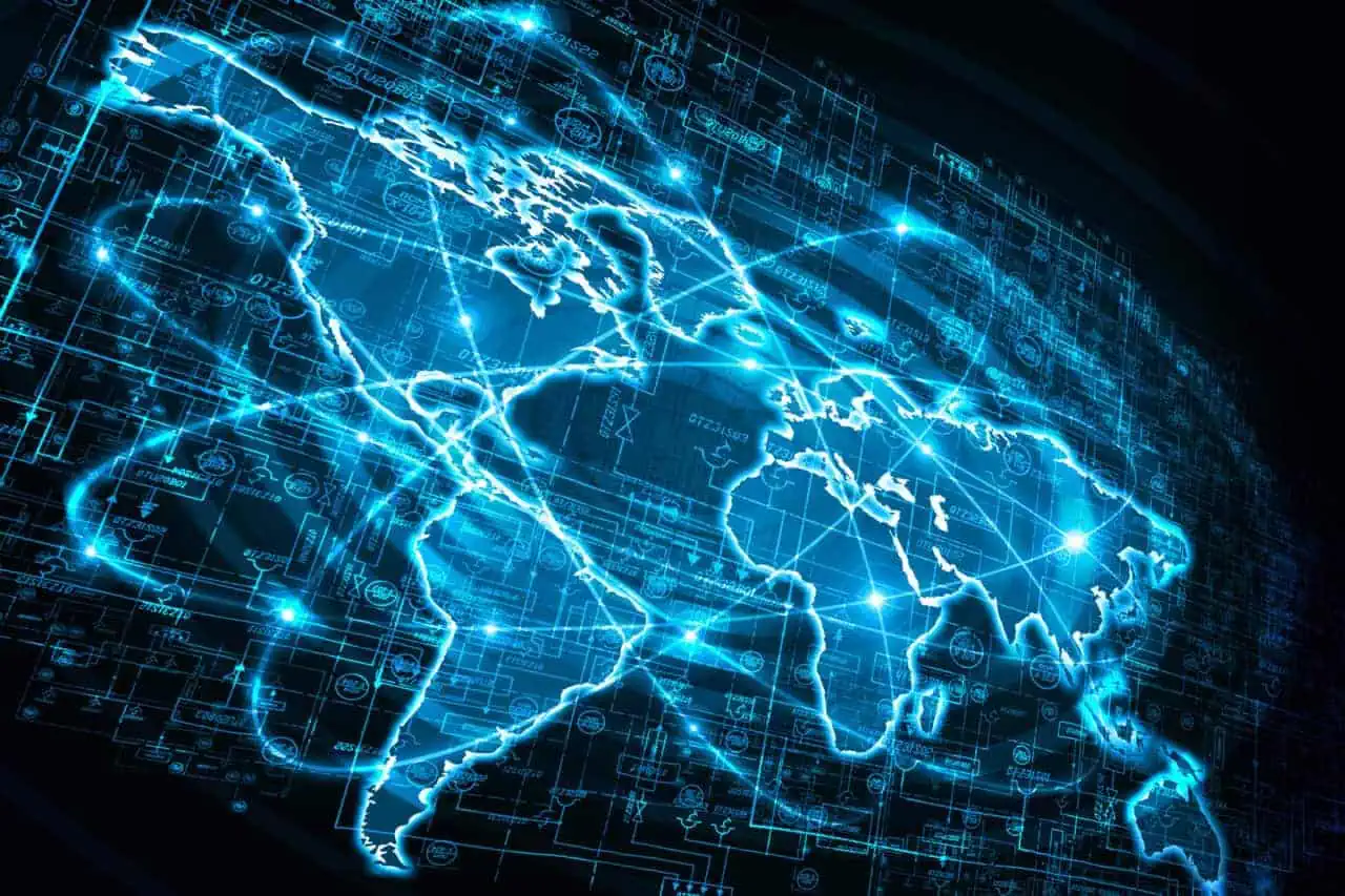 Azure Summit Technology | World map on a technological background, glowing lines symbols of the Internet, radio, television, mobile and satellite communications.